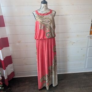 Chico’s paisley sleeveless blouson maxi dress coral boho flowy size 3